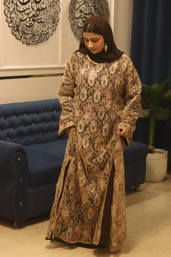 Beige_Net_Noir_Overlay_Abaya_With_Inner_Slit_And_Hijab_For_Women