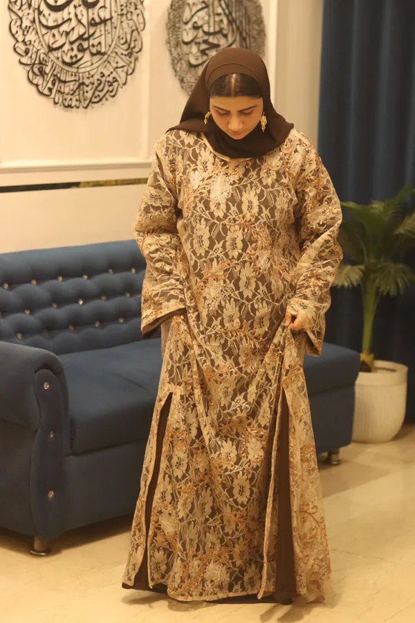 Beige_Net_Noir_Overlay_Abaya_With_Inner_Slit_And_Hijab_For_Women