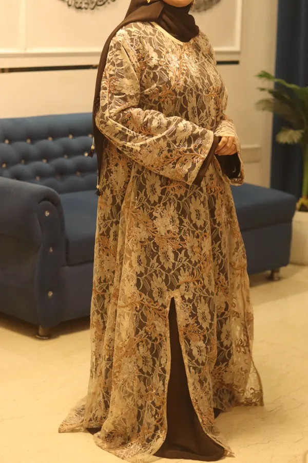 Beige_Net_Noir_Overlay_Abaya_With_Inner_Slit_And_Hijab_For_Women