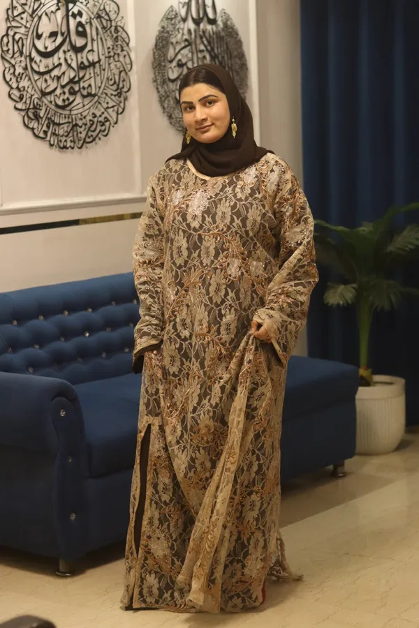 Beige_Net_Noir_Overlay_Abaya_With_Inner_Slit_And_Hijab_For_Women