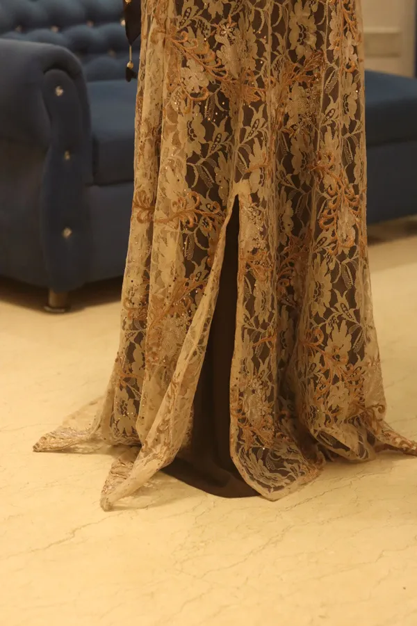 Beige_Net_Noir_Overlay_Abaya_With_Inner_Slit_And_Hijab_For_Women
