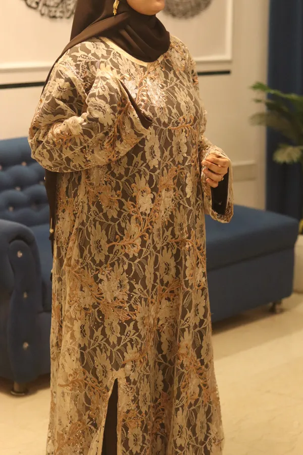 Beige_Net_Noir_Overlay_Abaya_With_Inner_Slit_And_Hijab_For_Women
