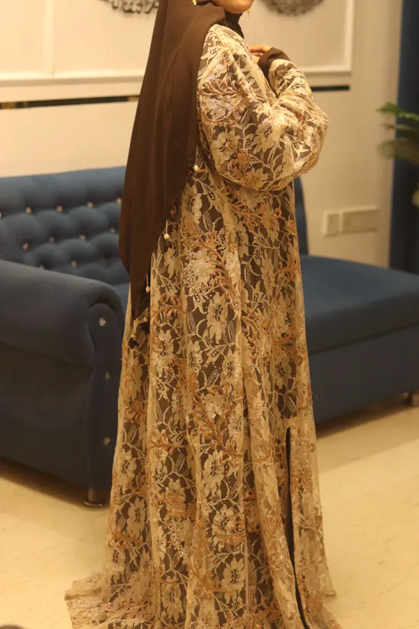 Beige_Net_Noir_Overlay_Abaya_With_Inner_Slit_And_Hijab_For_Women