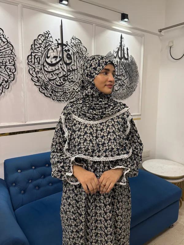 Black_White_Cotton_Floral_Print_Single_Layer_Khimar_Abaya_For_Women