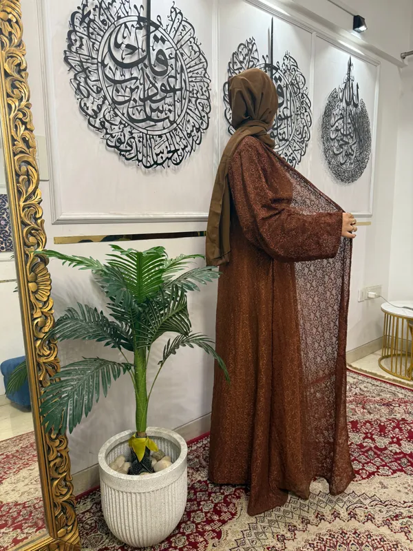 Earthy_Brown_Lace_Shimmer_Shrug_Abaya_For_Women