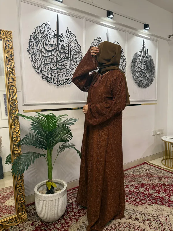 Earthy_Brown_Lace_Shimmer_Shrug_Abaya_For_Women