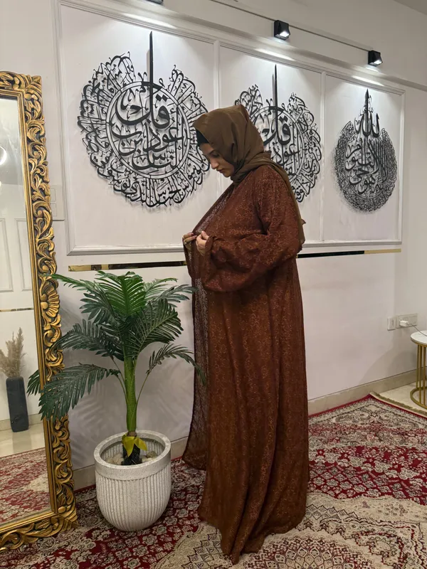 Earthy_Brown_Lace_Shimmer_Shrug_Abaya_For_Women