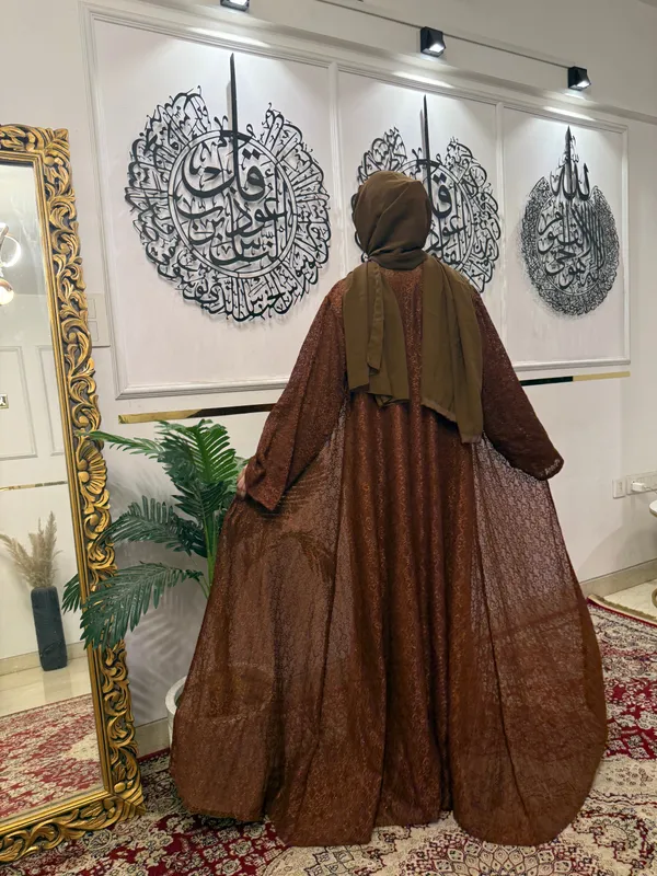 Earthy_Brown_Lace_Shimmer_Shrug_Abaya_For_Women