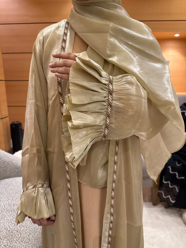 Beige_Metallic_Shimmer_Shrug_Set_With_Hijab_For_Women