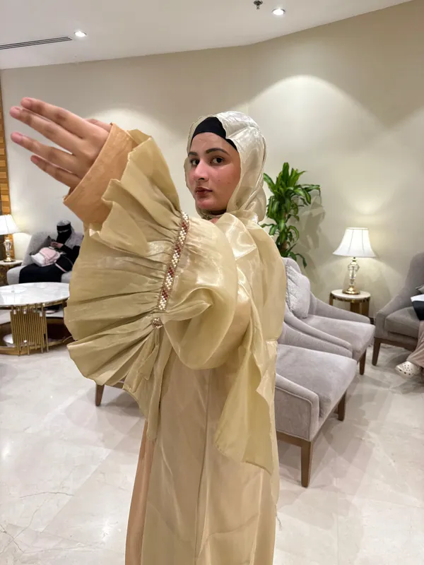 Beige_Metallic_Shimmer_Shrug_Set_With_Hijab_For_Women