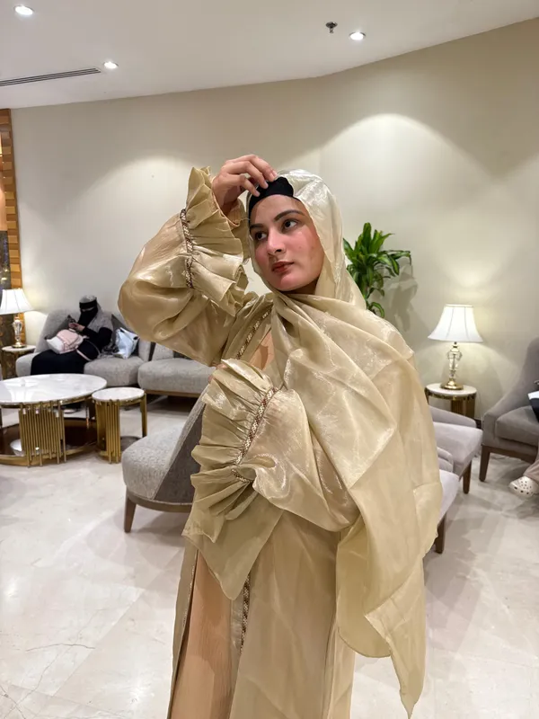 Beige_Metallic_Shimmer_Shrug_Set_With_Hijab_For_Women