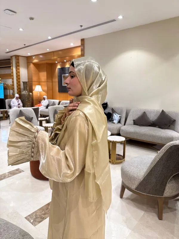 Beige_Metallic_Shimmer_Shrug_Set_With_Hijab_For_Women