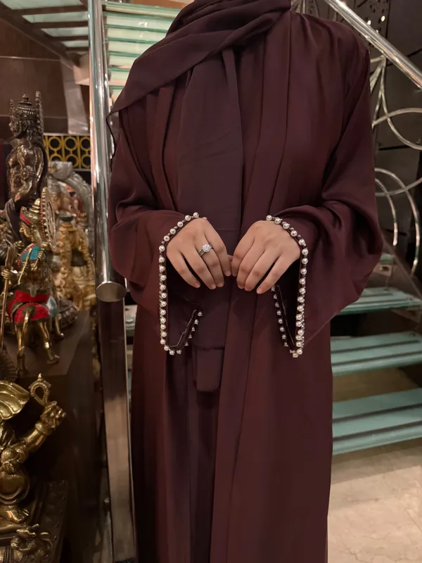 Burgundy_Satin_Pearl_Full_Set_Abaya_With_Inner_Slit_And_Hijab_For_Women