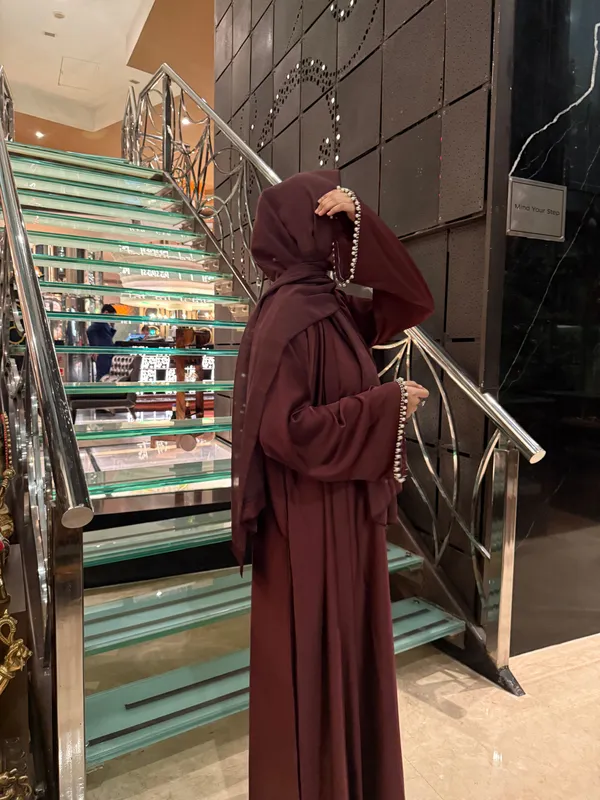 Burgundy_Satin_Pearl_Full_Set_Abaya_With_Inner_Slit_And_Hijab_For_Women
