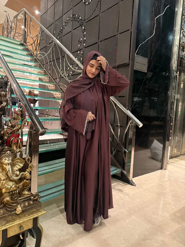 Burgundy_Satin_Pearl_Full_Set_Abaya_With_Inner_Slit_And_Hijab_For_Women