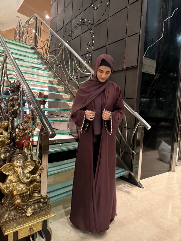 Burgundy_Satin_Pearl_Full_Set_Abaya_With_Inner_Slit_And_Hijab_For_Women