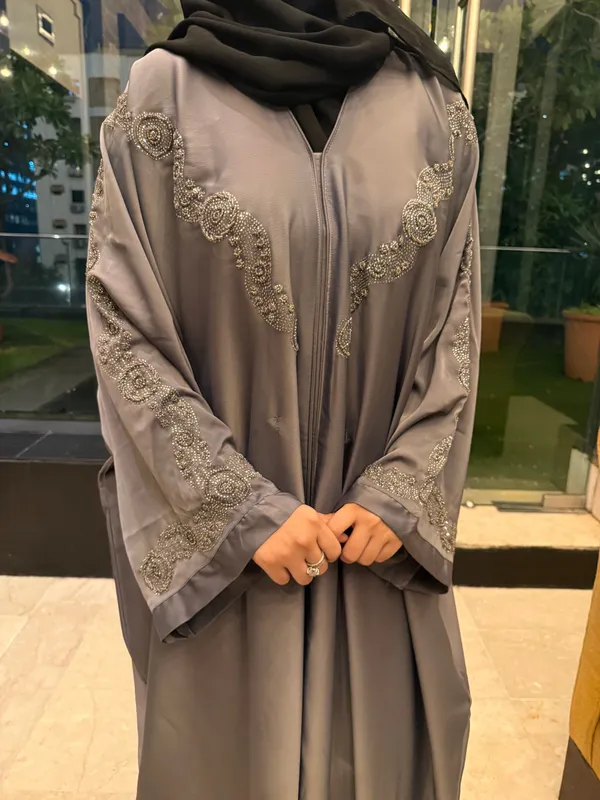 Grey_Tissue_Organza_Handwork_Abaya_With_Hijab_For_Women