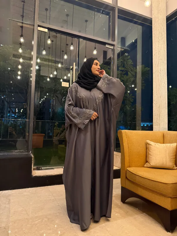 Grey_Tissue_Organza_Handwork_Abaya_With_Hijab_For_Women