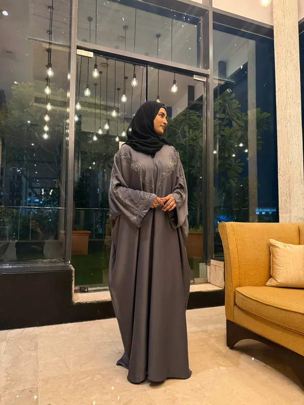 Grey_Tissue_Organza_Handwork_Abaya_With_Hijab_For_Women
