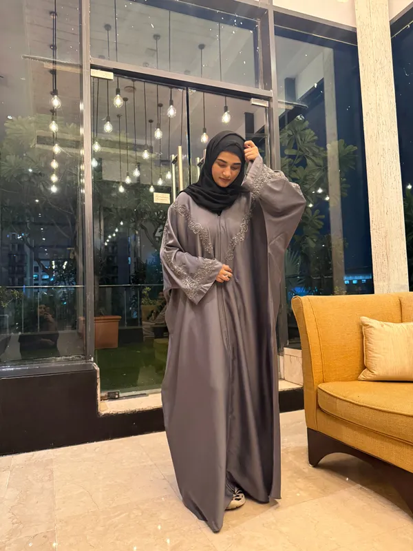Grey_Tissue_Organza_Handwork_Abaya_With_Hijab_For_Women