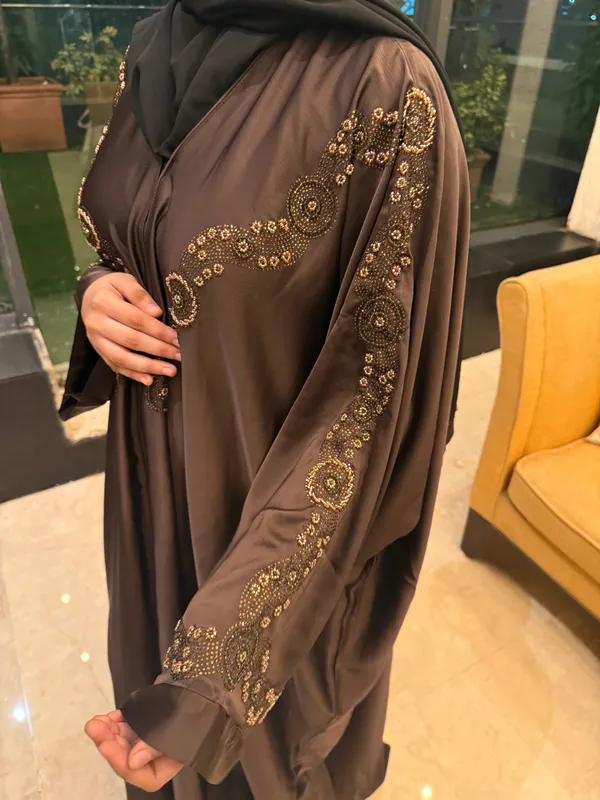 Brown_Tissue_Organza_Handwork_Abaya_With_Hijab_For_Women