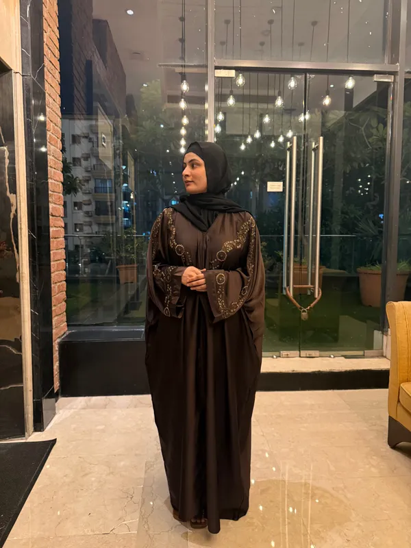 Brown_Tissue_Organza_Handwork_Abaya_With_Hijab_For_Women