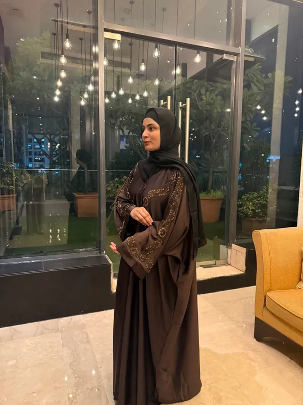 Brown_Tissue_Organza_Handwork_Abaya_With_Hijab_For_Women