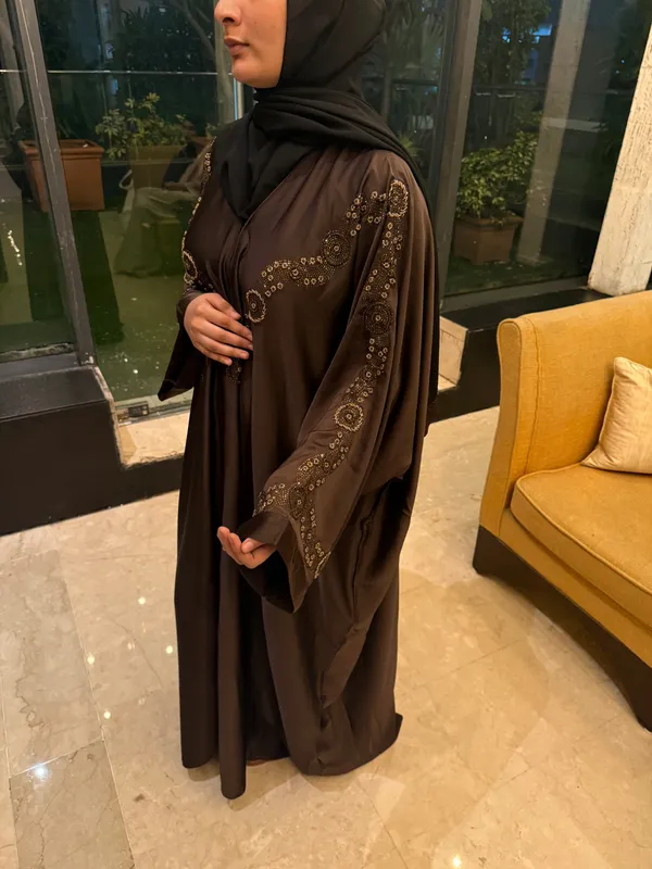 Brown_Tissue_Organza_Handwork_Abaya_With_Hijab_For_Women