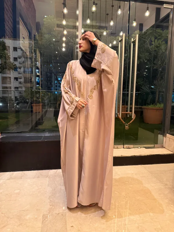 Beige_Tissue_Organza_Handwork_Abaya_With_Hijab_For_Women