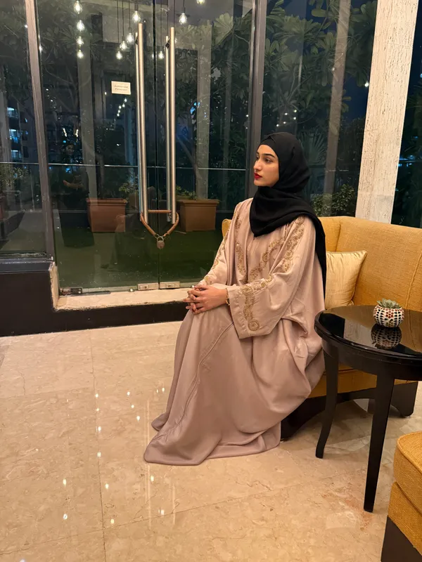 Beige_Tissue_Organza_Handwork_Abaya_With_Hijab_For_Women