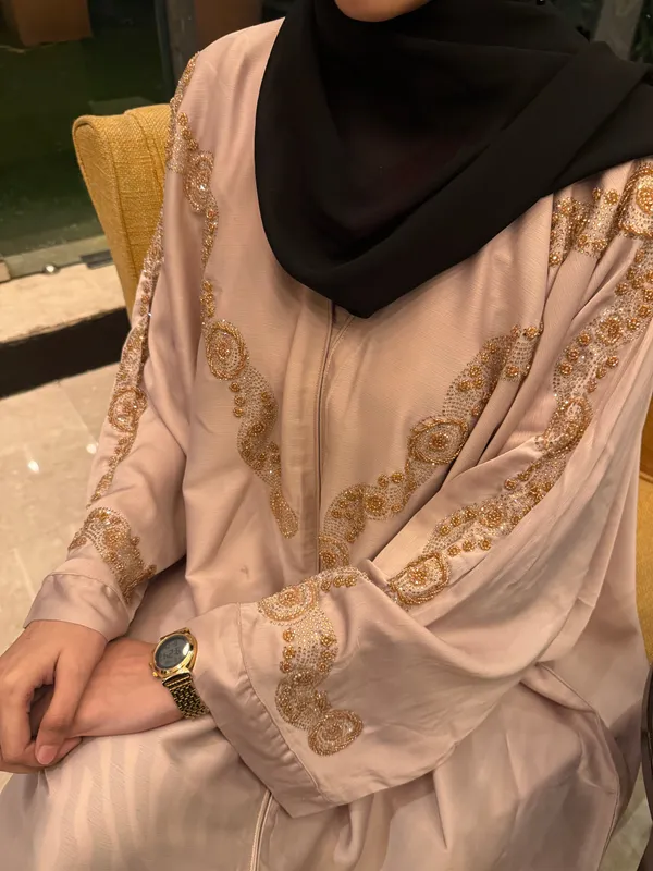 Beige_Tissue_Organza_Handwork_Abaya_With_Hijab_For_Women