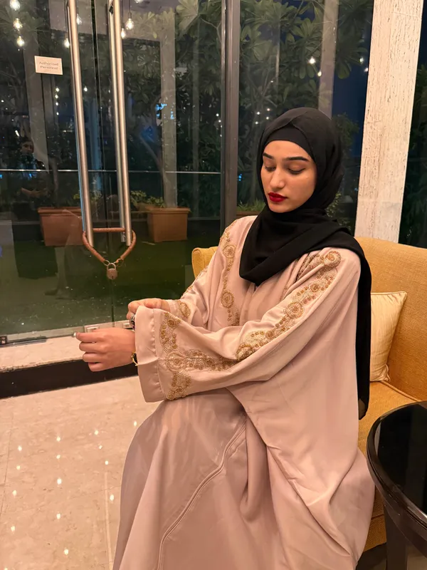 Beige_Tissue_Organza_Handwork_Abaya_With_Hijab_For_Women