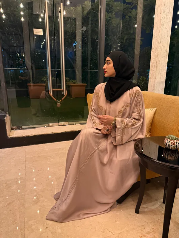 Beige_Tissue_Organza_Handwork_Abaya_With_Hijab_For_Women