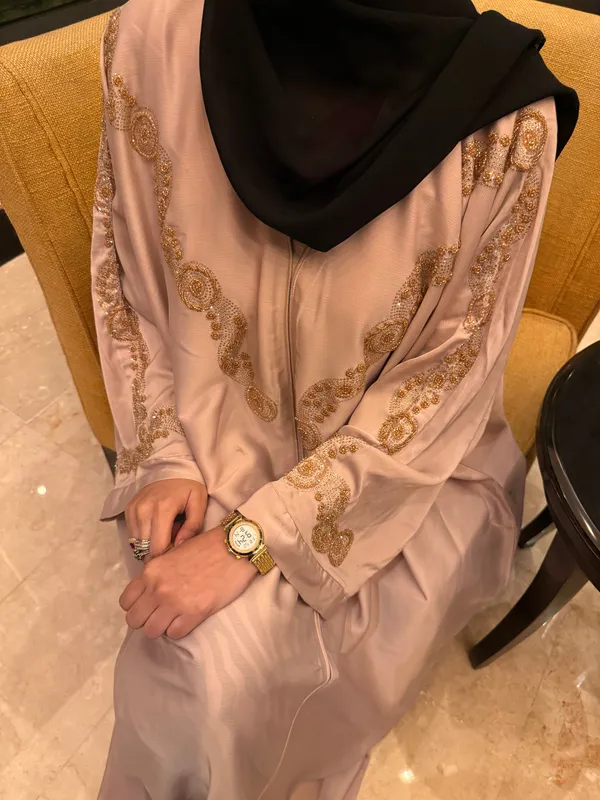 Beige_Tissue_Organza_Handwork_Abaya_With_Hijab_For_Women