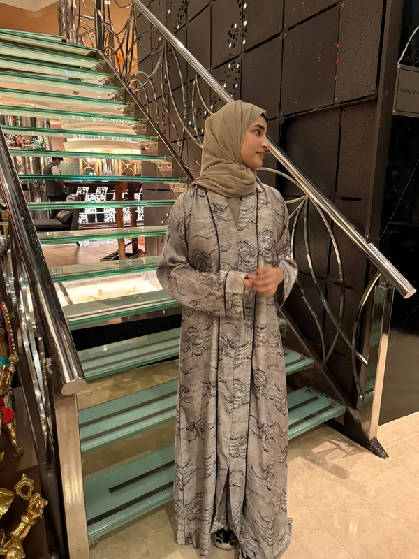 Beige_Nida_Korean_Print_Coat_Abaya_With_Hijab_For_Women