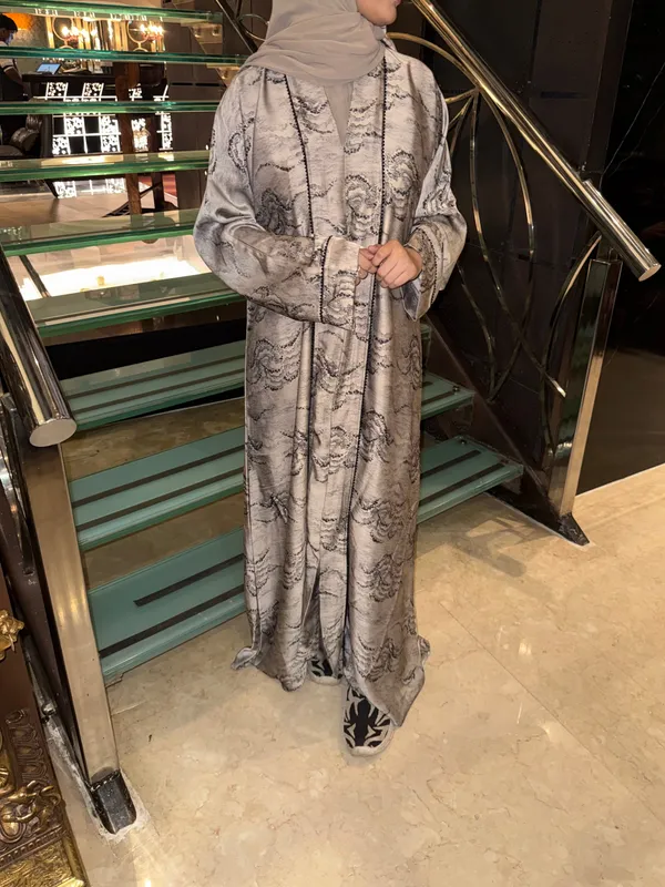 Beige_Nida_Korean_Print_Coat_Abaya_With_Hijab_For_Women