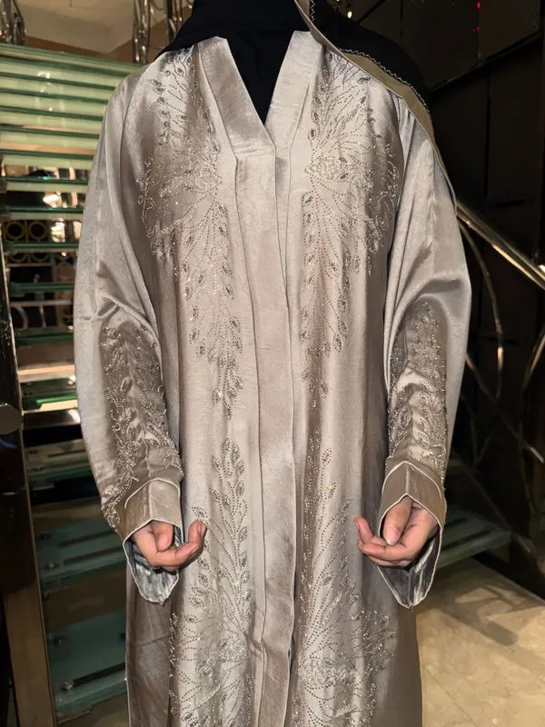 Beige_Rhinestone_Embellished_Abaya_With_Hijab_For_Women