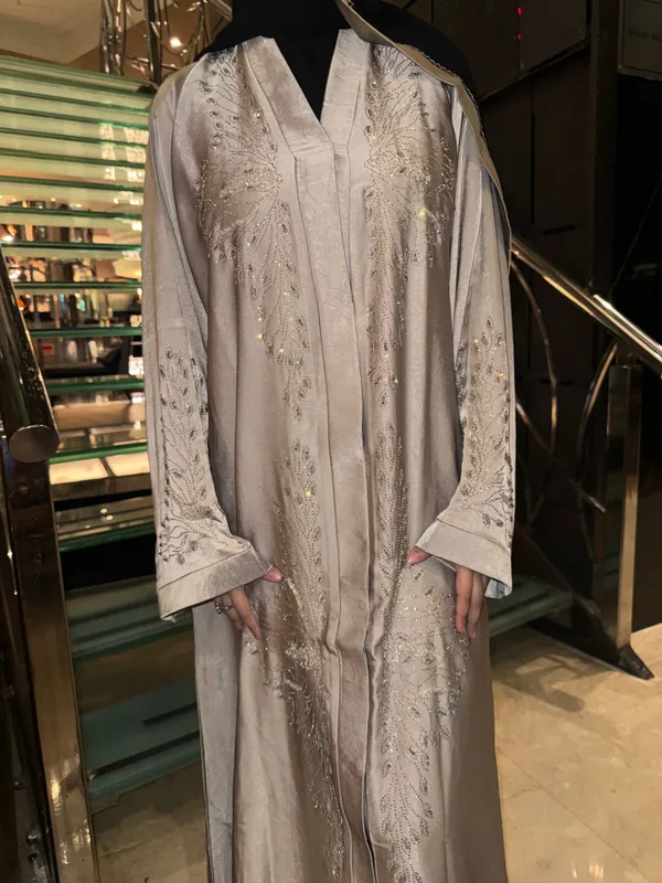 Beige_Rhinestone_Embellished_Abaya_With_Hijab_For_Women
