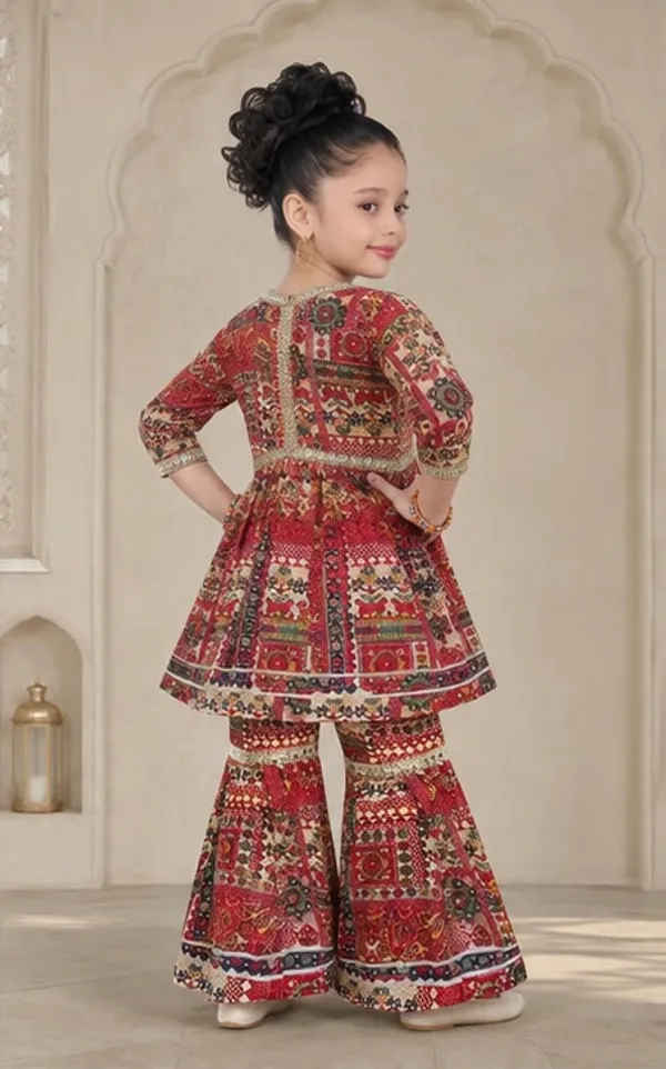 Red_Cotton_Peplum_Kurti_Flared_Palazzo_Set_For_Girls