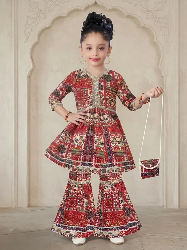 Red_Cotton_Peplum_Kurti_Flared_Palazzo_Set_For_Girls