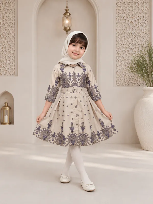 Beige_Cotton_Blend_Flared_Frock_With_Waist_Belt_For_Girls