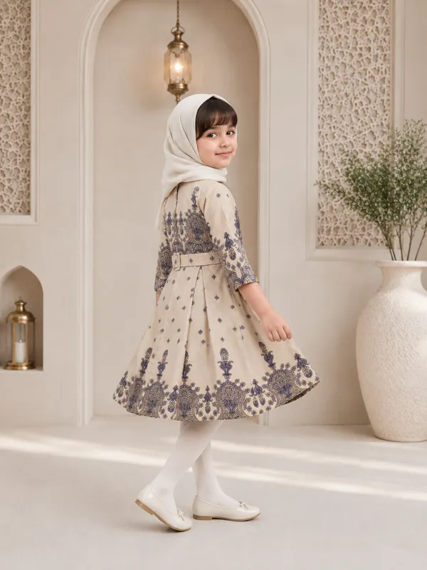 Beige_Cotton_Blend_Flared_Frock_With_Waist_Belt_For_Girls