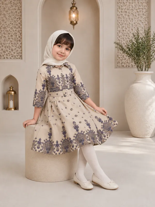 Beige_Cotton_Blend_Flared_Frock_With_Waist_Belt_For_Girls