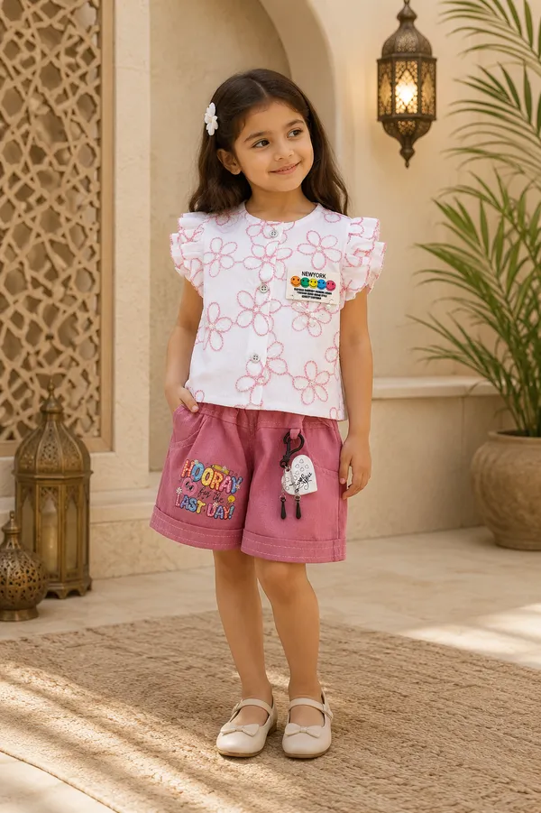 White_Pink_Flared_Shorts_Co-Ord_Set_For_Girls