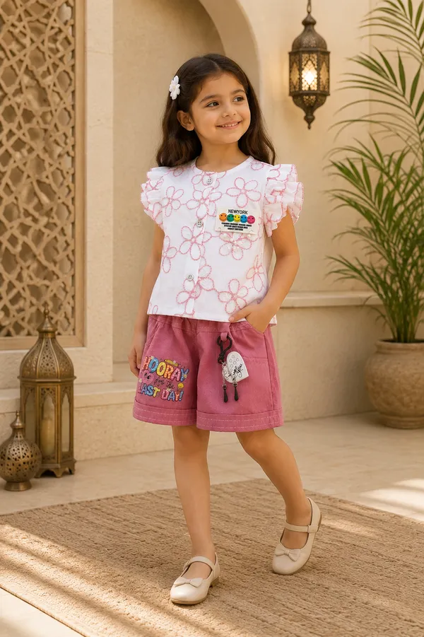 White_Pink_Flared_Shorts_Co-Ord_Set_For_Girls