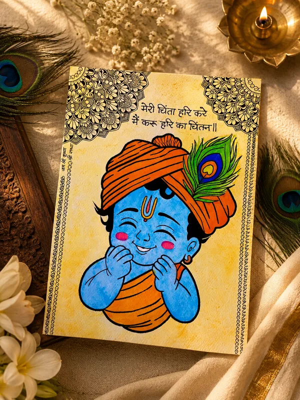 Paper_Devotional_Krishna_Beige_Floral_Illustrated_Wall_Art