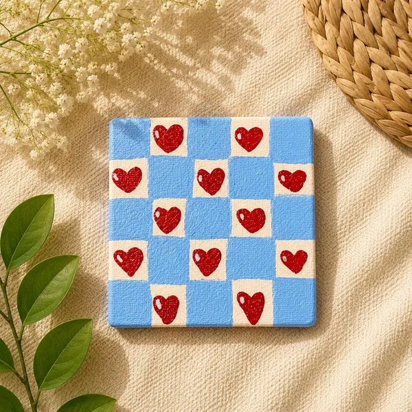 Fabric-Finish_Checkerboard_Heart_Print_Square_Coaster