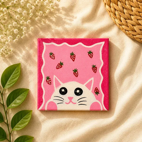 Canvas_Board_Cute_Cat_Strawberry_Mini_Wall_Art