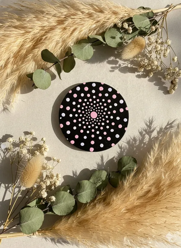 Wooden_Mdf_Black_Pink_White_Concentric_Dot_Round_Fridge_Magnet