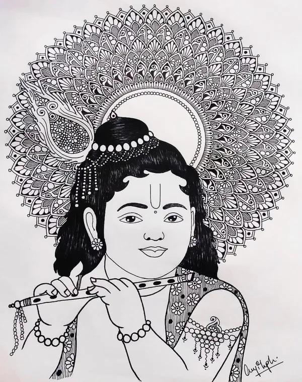 Paper_Devotional_Krishna_Flute_Floral_Line_Art_Wall_Decor